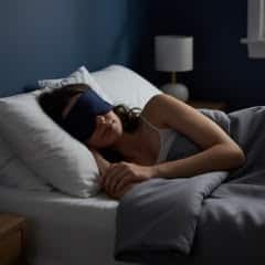 Is slapen met een slaapmasker goed voor je slaapkwaliteit? Vrouw met slaapmasker